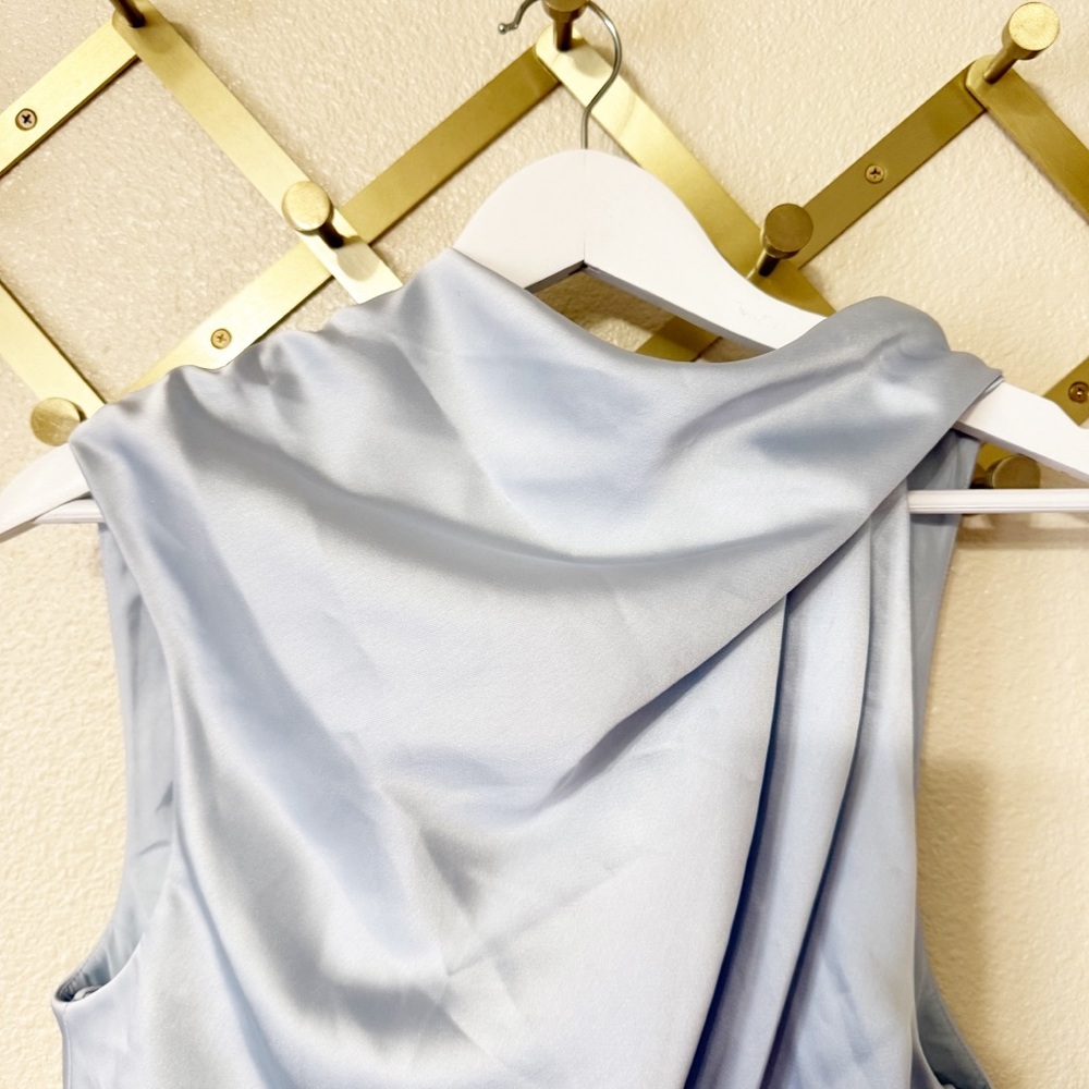 NEW Amsale Fluid Satin Draped Neck Dress in Ice Blue BHLDN Gown Asymetrical - Picture 6 of 10
